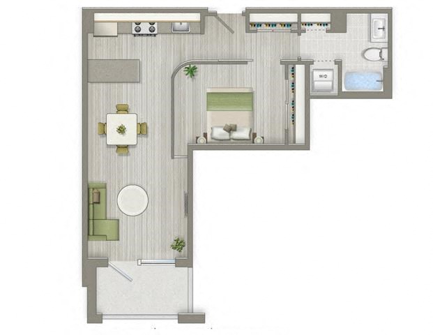 Floor plan for 1 bed, 1 bath, 703 sqft